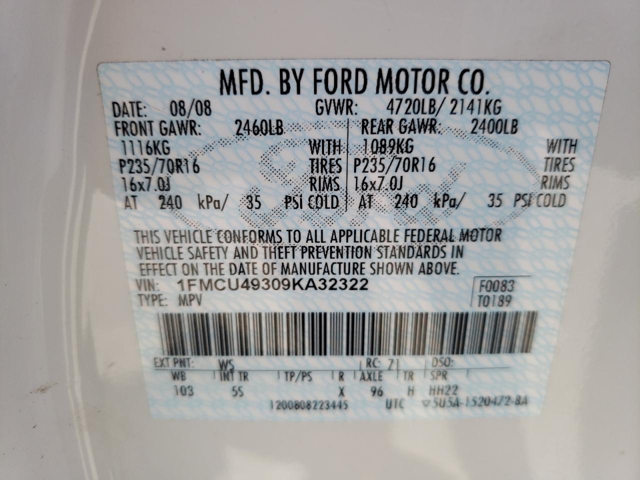 Photo 10 from auction – 2009 FORD ESCAPE HYB with VIN 1FMCU49309KA32322