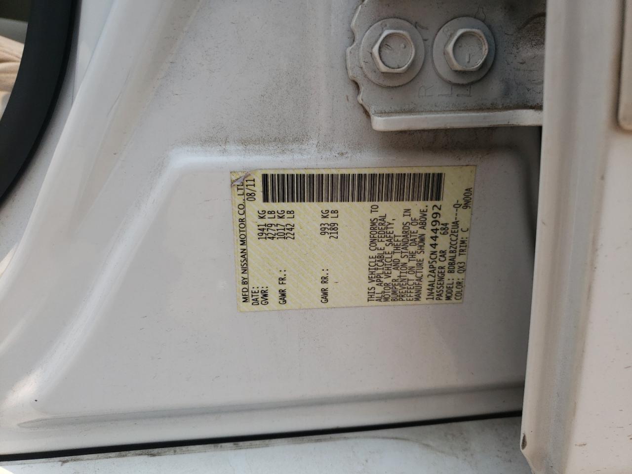 Photo 10 from auction – 2012 NISSAN ALTIMA BAS with VIN 1N4AL2AP5CN444992