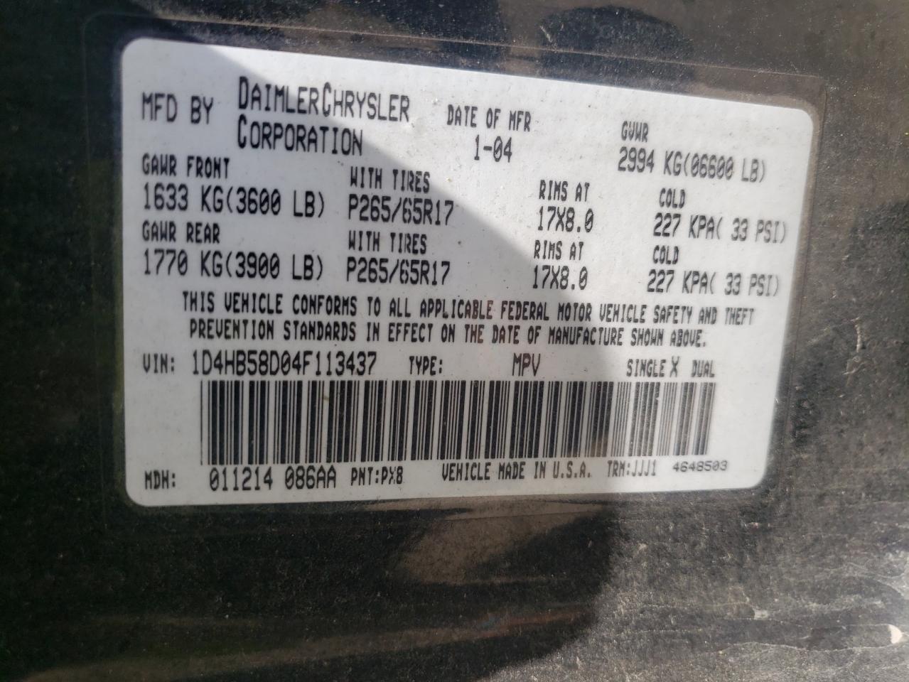Photo 10 from auction – 2004 DODGE DURANGO LI with VIN 1D4HB58D04F113437