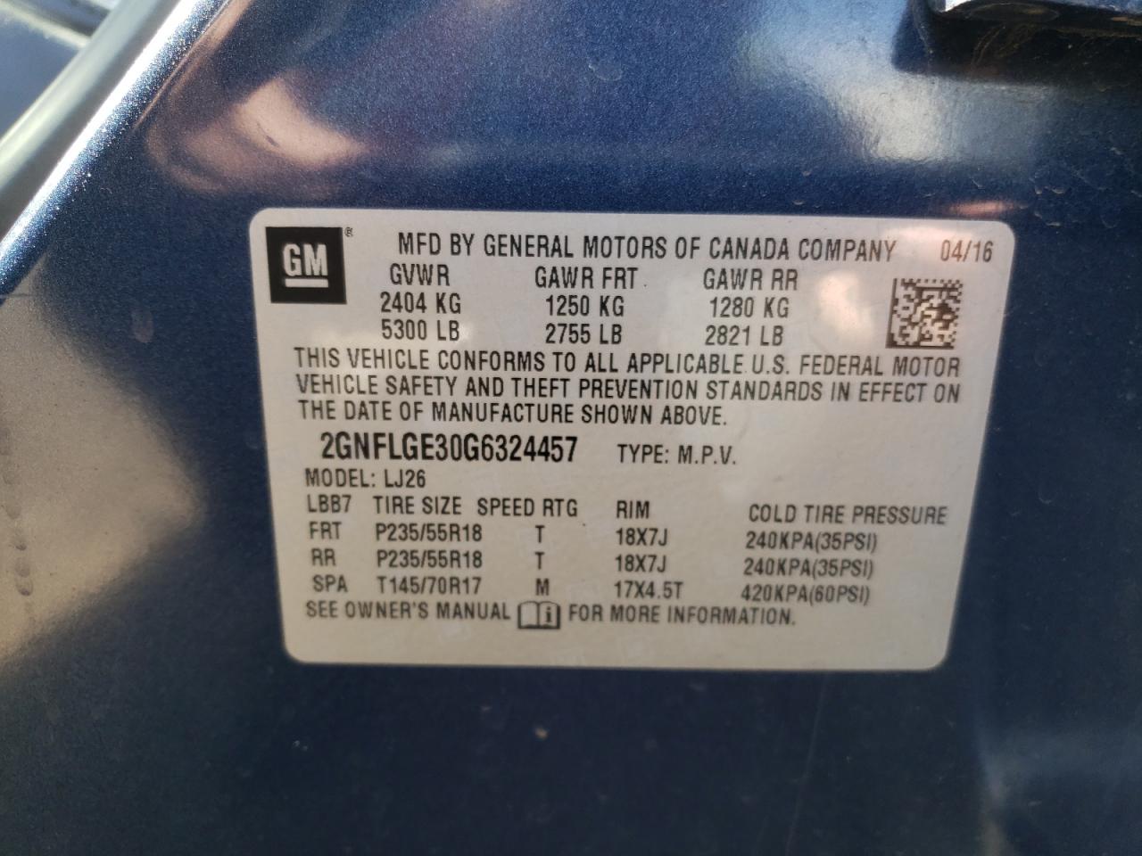 Photo 10 from auction – 2016 CHEVROLET EQUINOX LT with VIN 2GNFLGE30G6324457