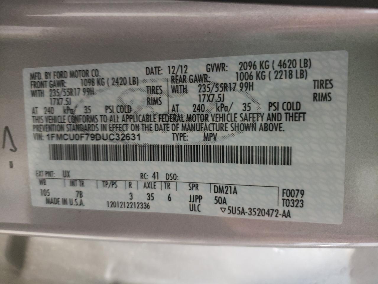 Photo 10 from auction – 2013 FORD ESCAPE SE with VIN 1FMCU0F79DUC32631