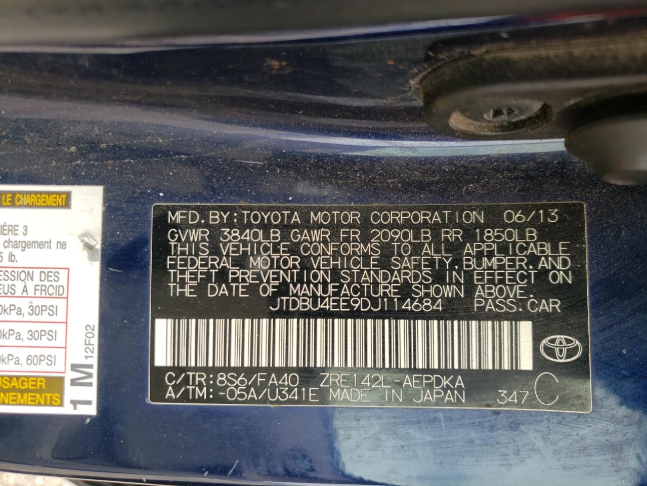 Photo 10 from auction – 2013 TOYOTA COROLLA BA with VIN JTDBU4EE9DJ114684