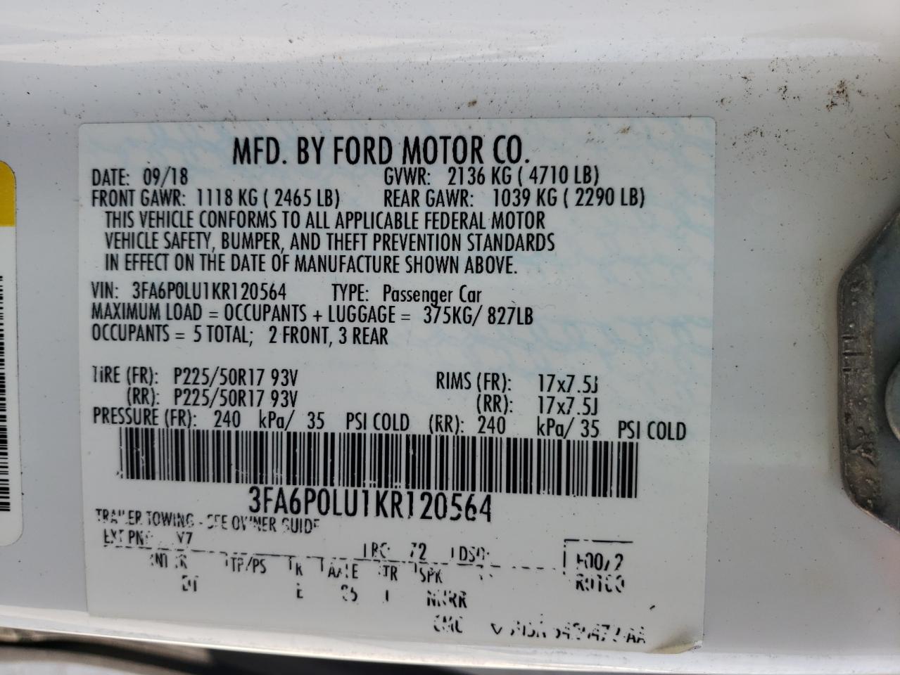 Photo 10 from auction – 2019 FORD FUSION SE with VIN 3FA6P0LU1KR120564