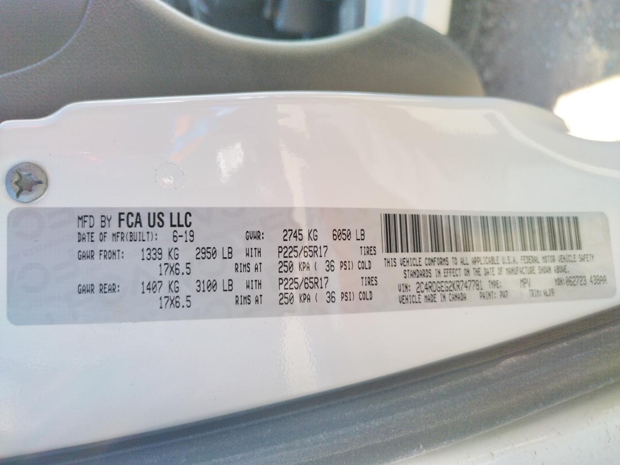 Photo 10 from auction – 2019 DODGE GRAND CARA with VIN 2C4RDGEG2KR747781