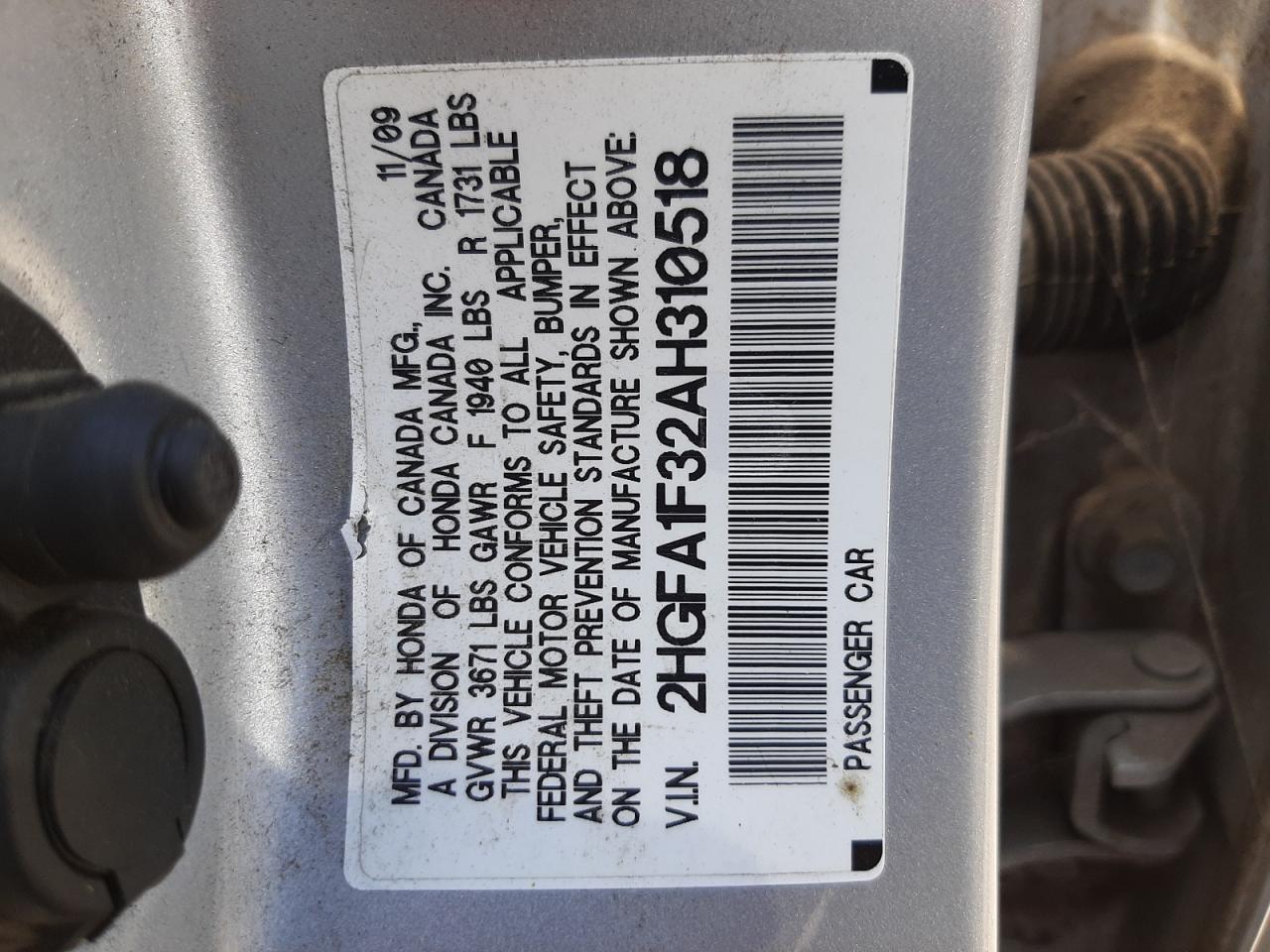 Photo 10 from auction – 2010 HONDA CIVIC VP with VIN 2HGFA1F32AH310518