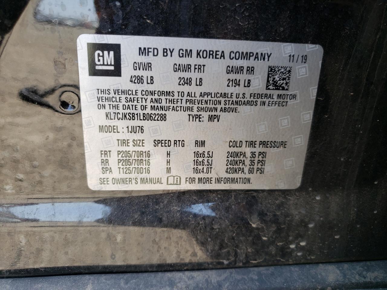 Photo 10 from auction – 2020 CHEVROLET TRAX LS with VIN KL7CJKSB1LB062288