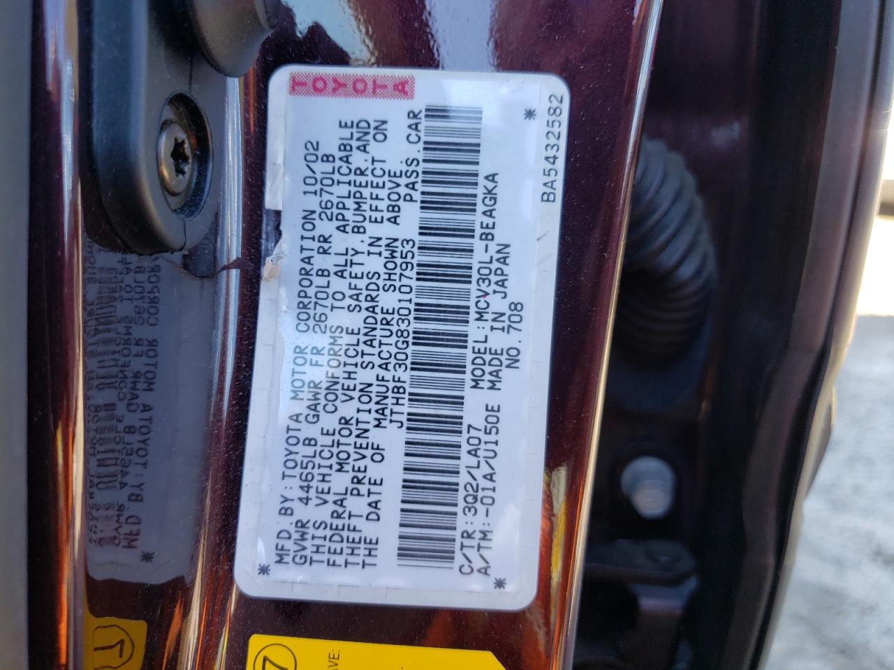 Photo 10 from auction – 2003 LEXUS ES 300 with VIN JTHBF30G830107953