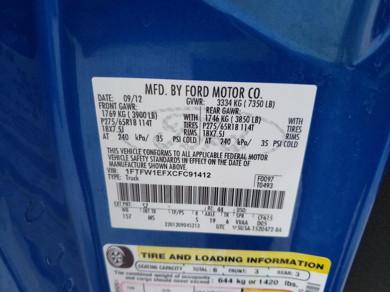 Photo 10 from auction – 2012 FORD F150 SUPER with VIN 1FTFW1EFXCFC91412