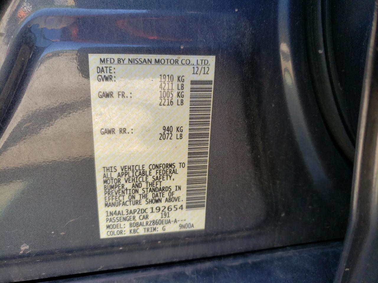 Photo 10 from auction – 2013 NISSAN ALTIMA 2.5 with VIN 1N4AL3AP2DC192654