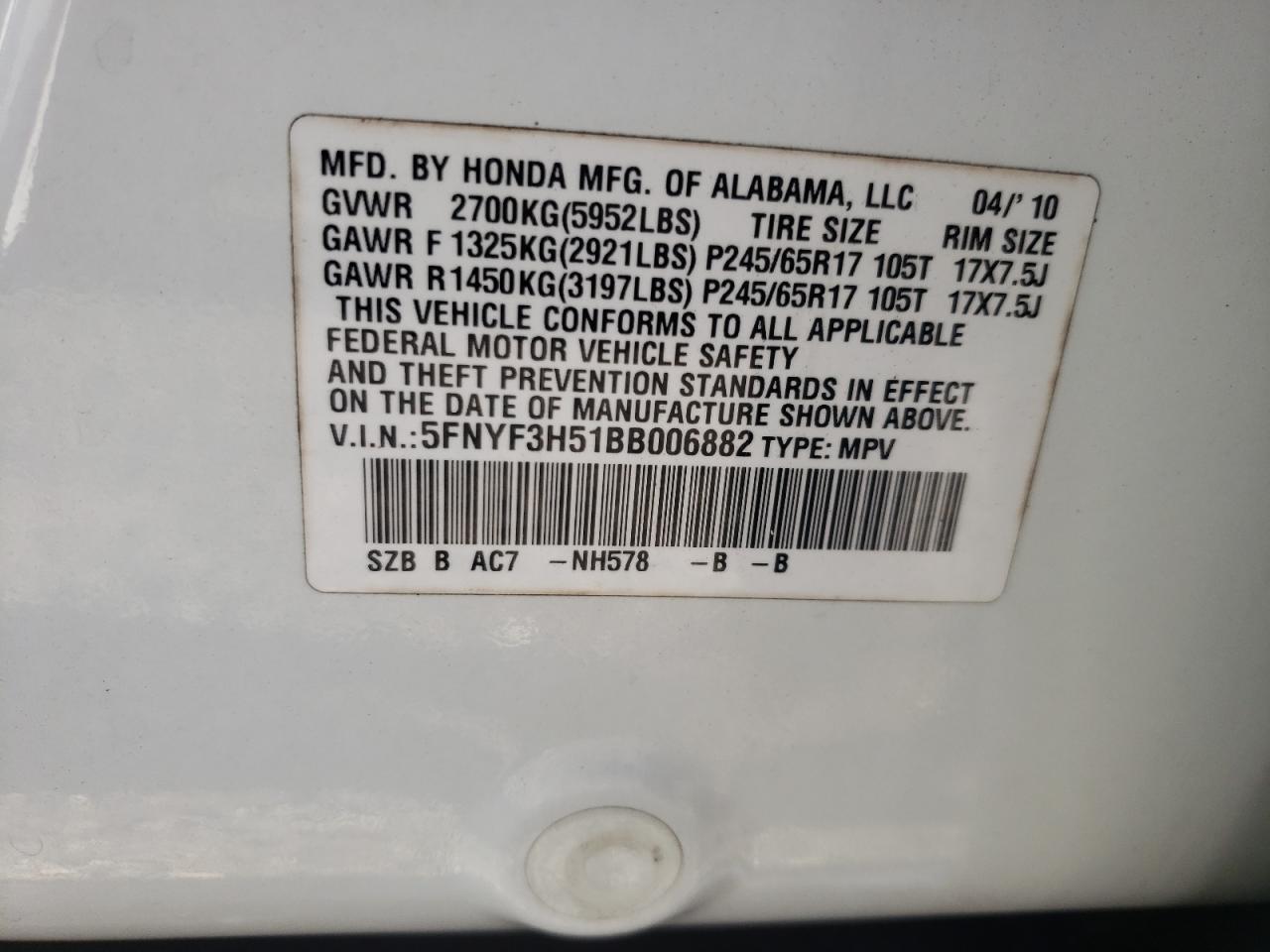 Photo 10 from auction – 2011 HONDA PILOT EXL with VIN 5FNYF3H51BB006882