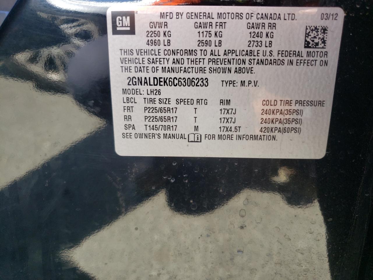 Photo 10 from auction – 2012 CHEVROLET EQUINOX LT with VIN 2GNALDEK6C6306233