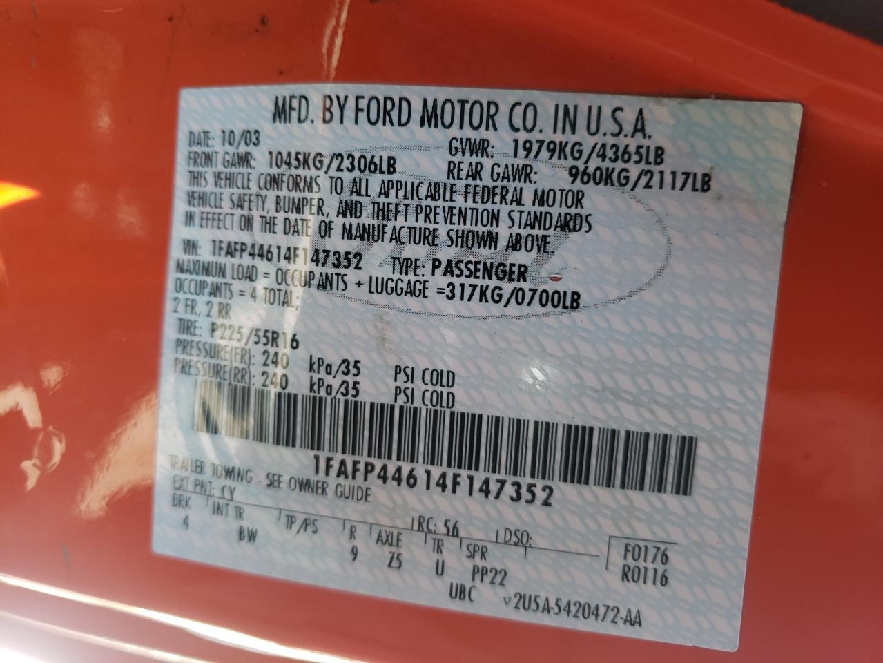 صورة رقم 10 من المزاد - 2004 FORD MUSTANG مع VIN 1FAFP44614F147352