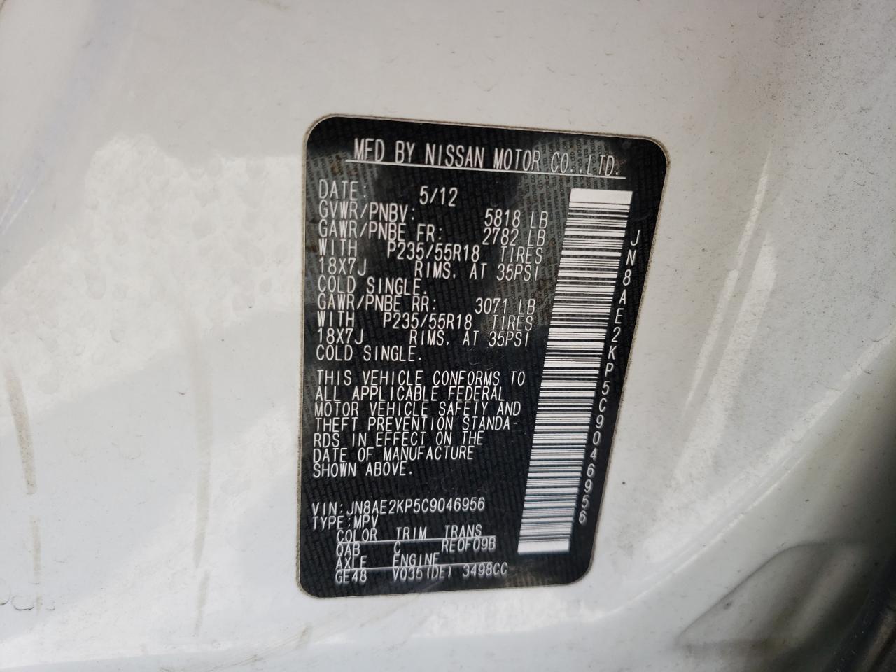 Photo 10 from auction – 2012 NISSAN QUEST S with VIN JN8AE2KP5C9046956