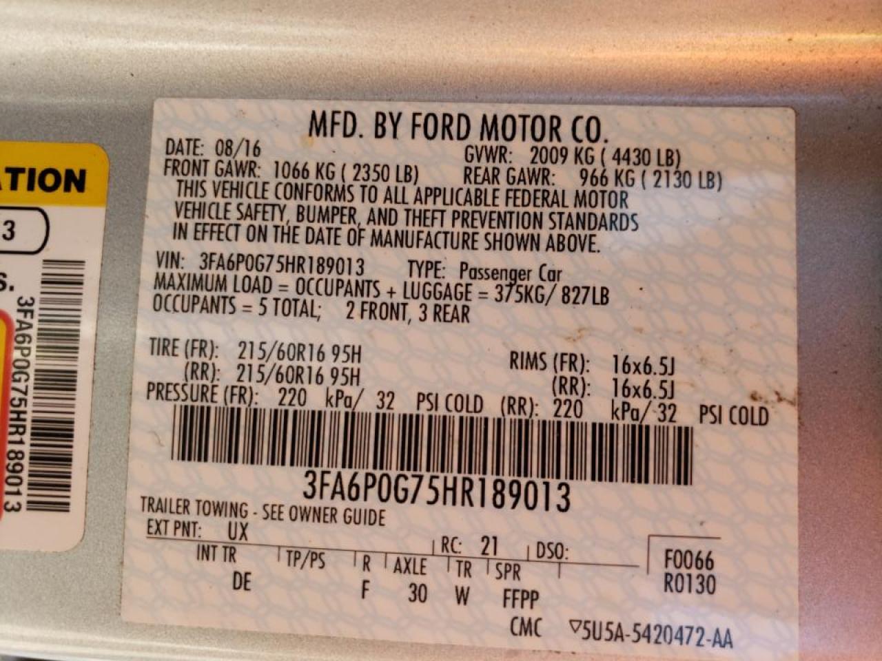 Photo 10 from auction – 2017 FORD FUSION S with VIN 3FA6P0G75HR189013