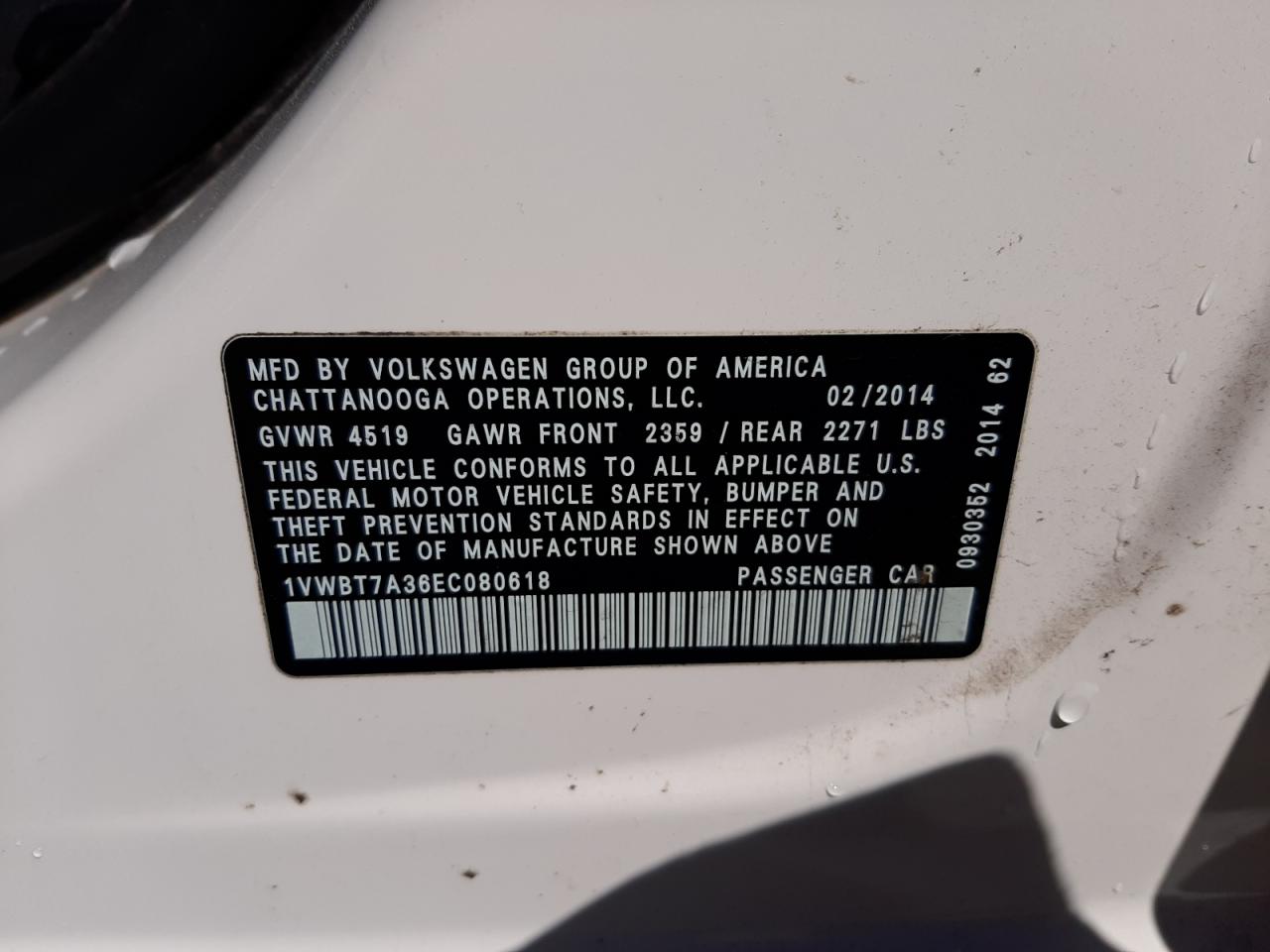Photo 10 from auction – 2014 VOLKSWAGEN PASSAT SE with VIN 1VWBT7A36EC080618
