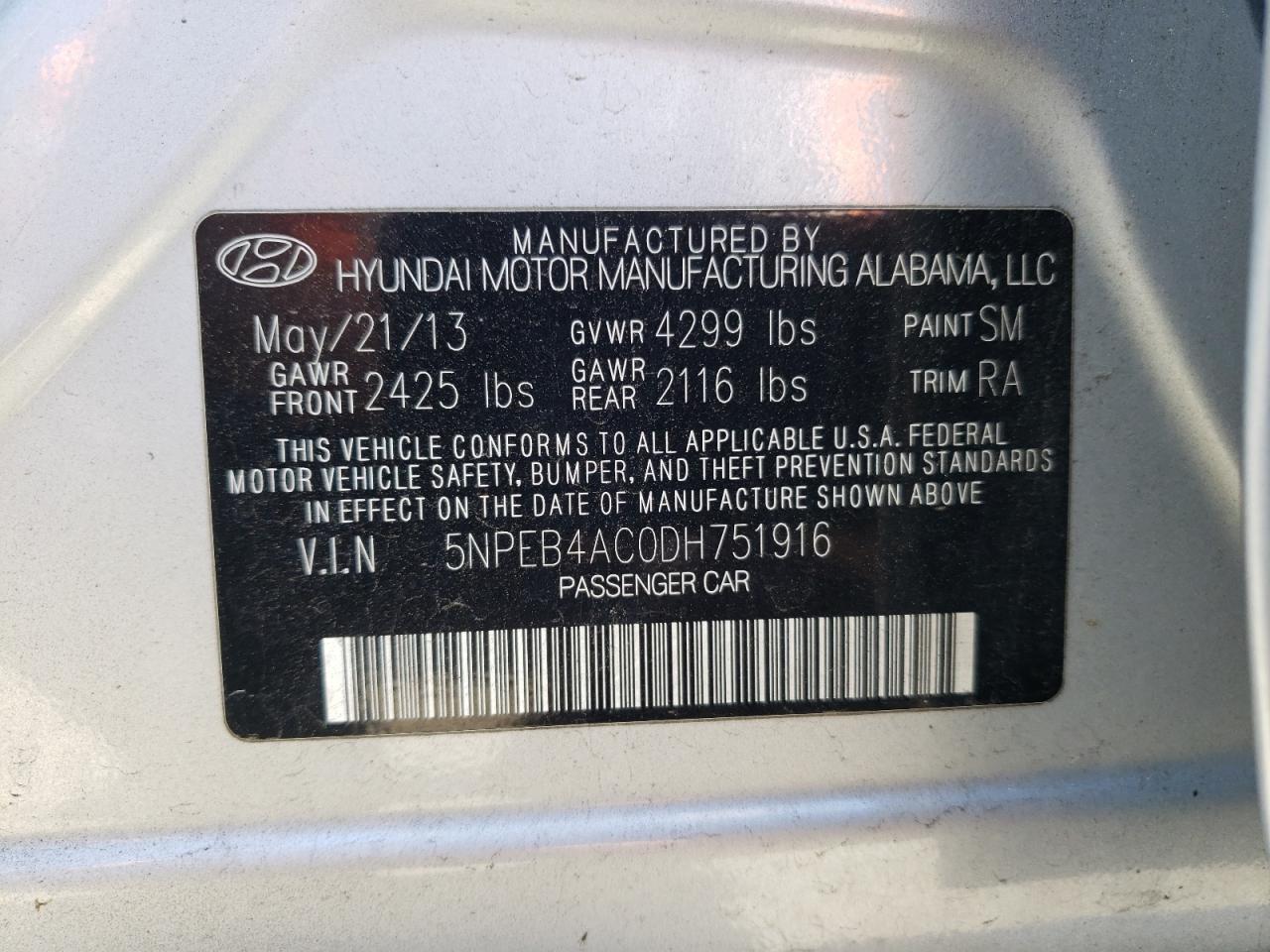 Photo 10 from auction – 2013 HYUNDAI SONATA GLS with VIN 5NPEB4AC0DH751916