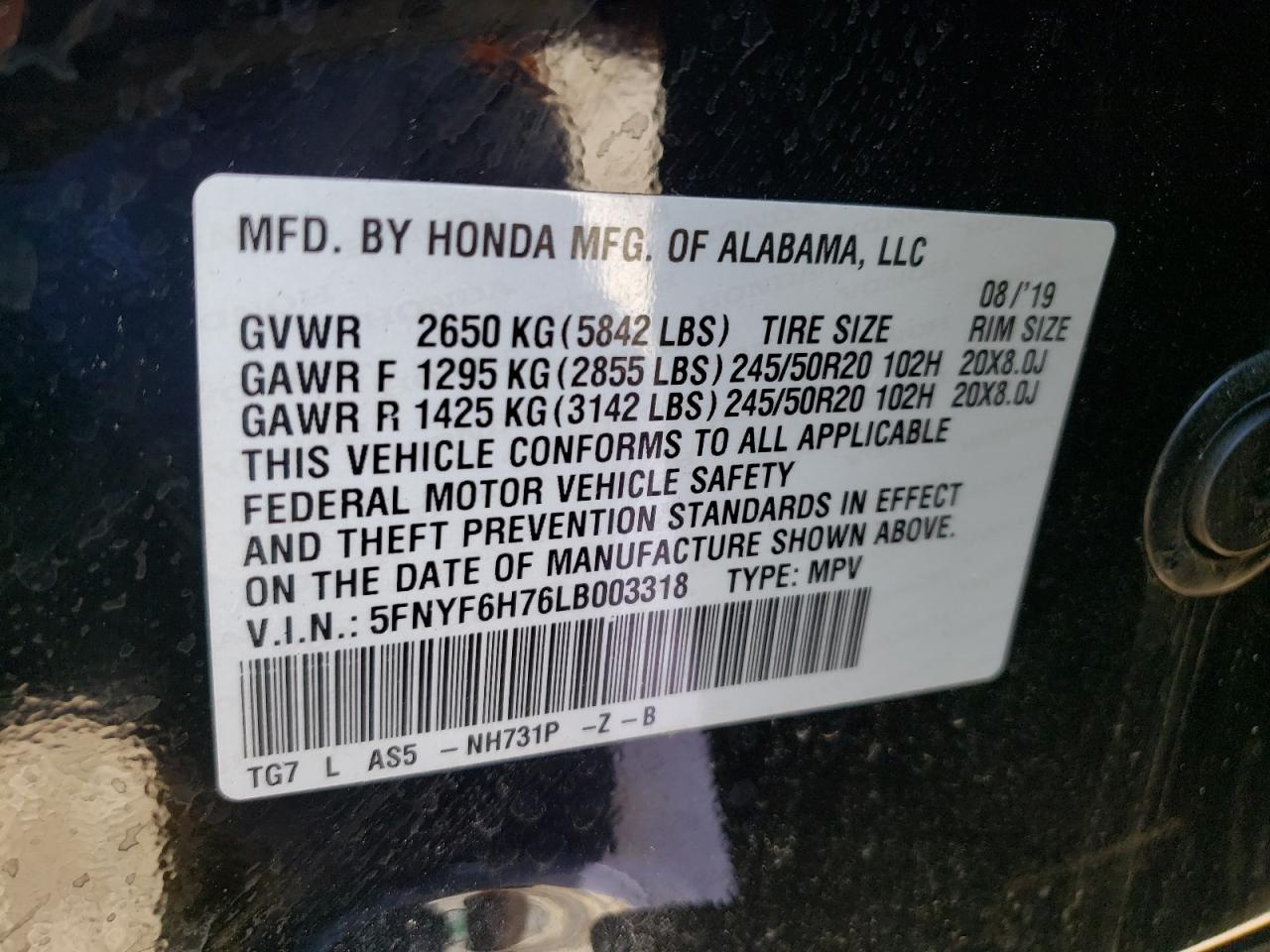 Photo 10 from auction – 2020 HONDA PILOT BLAC with VIN 5FNYF6H76LB003318