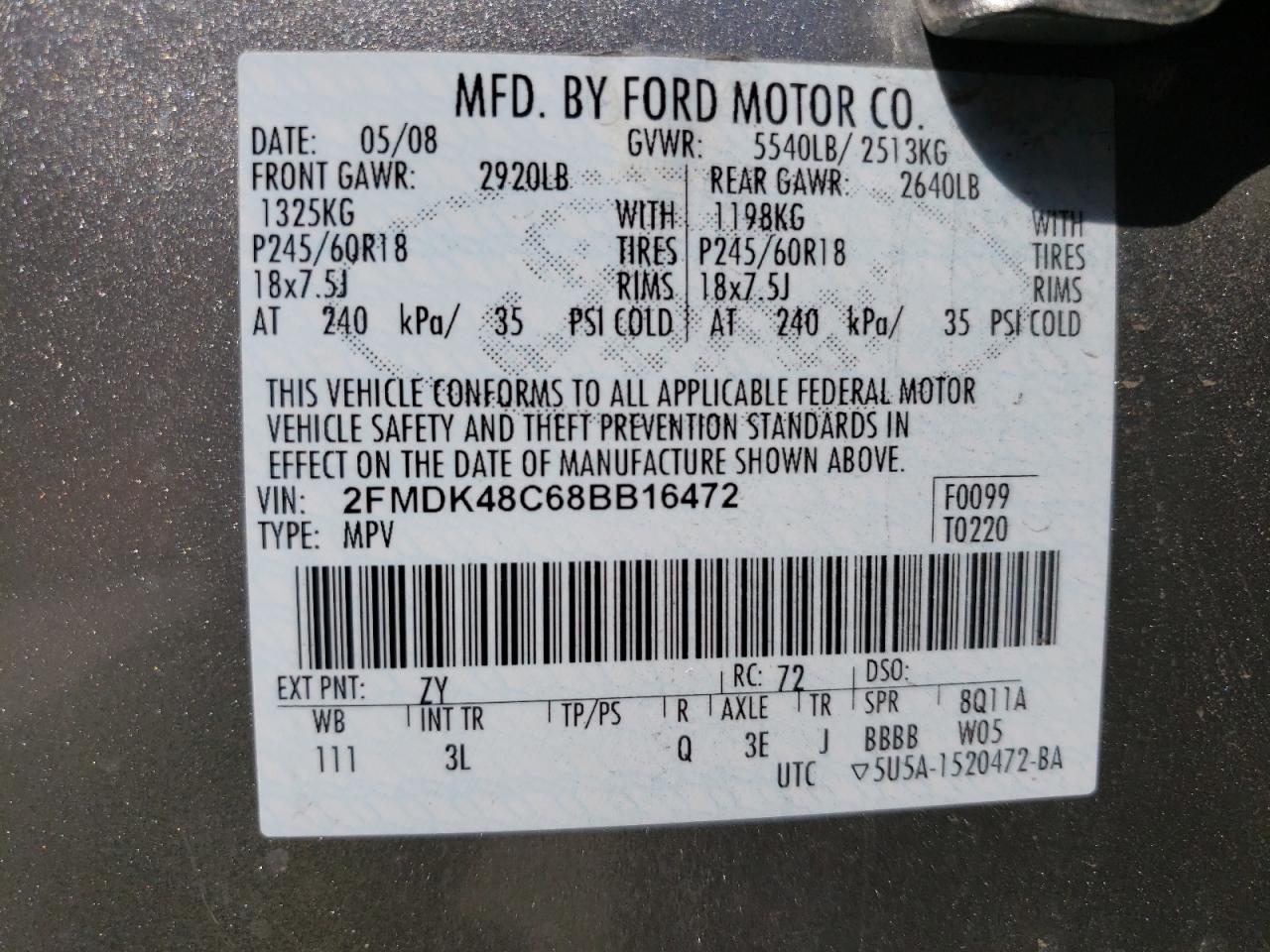 Photo 10 from auction – 2008 FORD EDGE SEL with VIN 2FMDK48C68BB16472