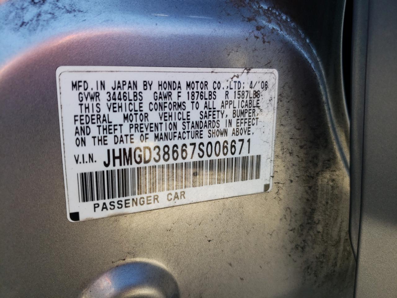 Photo 10 from auction – 2007 HONDA FIT S with VIN JHMGD38667S006671