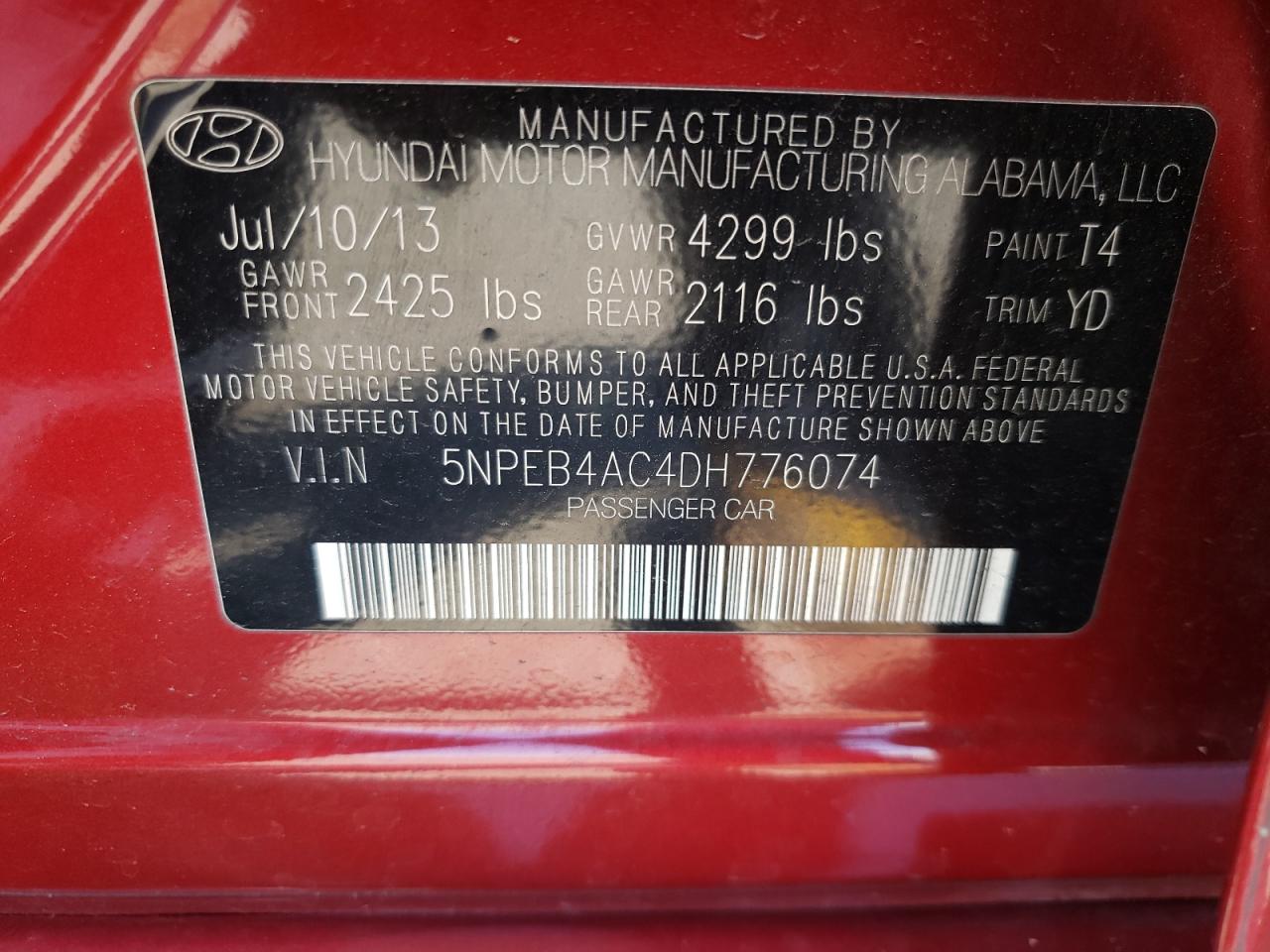 Photo 10 from auction – 2013 HYUNDAI SONATA GLS with VIN 5NPEB4AC4DH776074