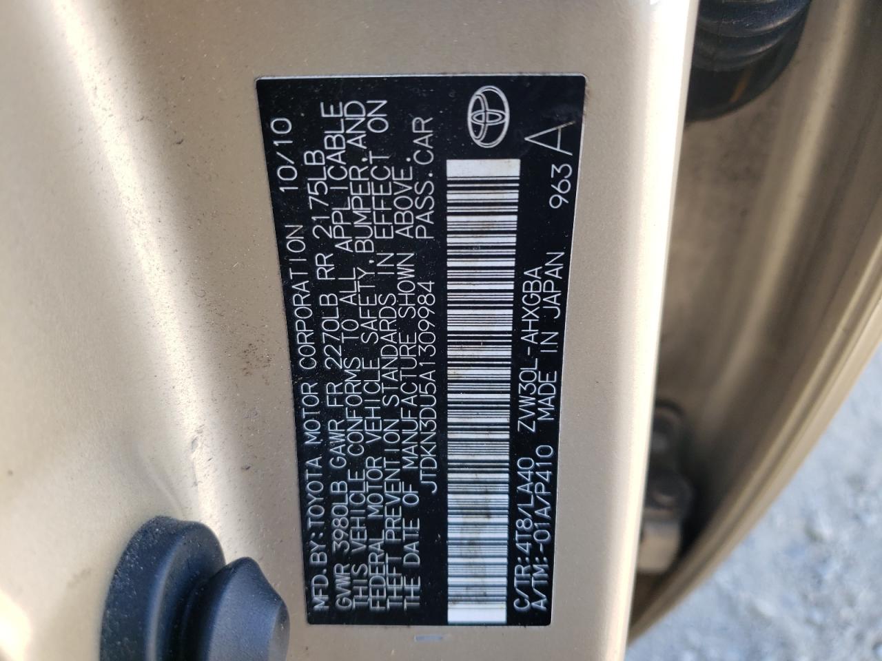 Photo 10 from auction – 2010 TOYOTA PRIUS with VIN JTDKN3DU5A1309984