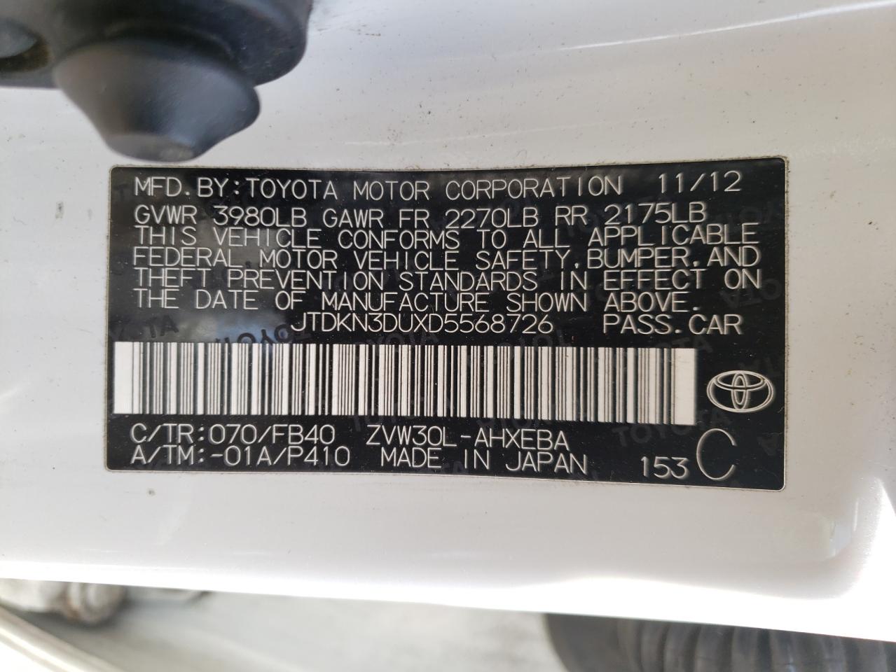 Photo 10 from auction – 2013 TOYOTA PRIUS with VIN JTDKN3DUXD5568726