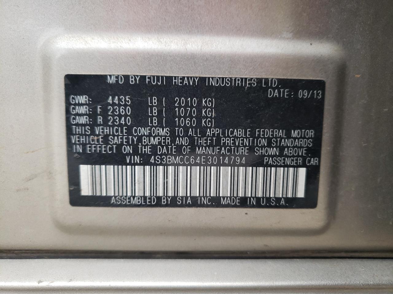 Photo 10 from auction – 2014 SUBARU LEGACY 2.5 with VIN 4S3BMCC64E3014794