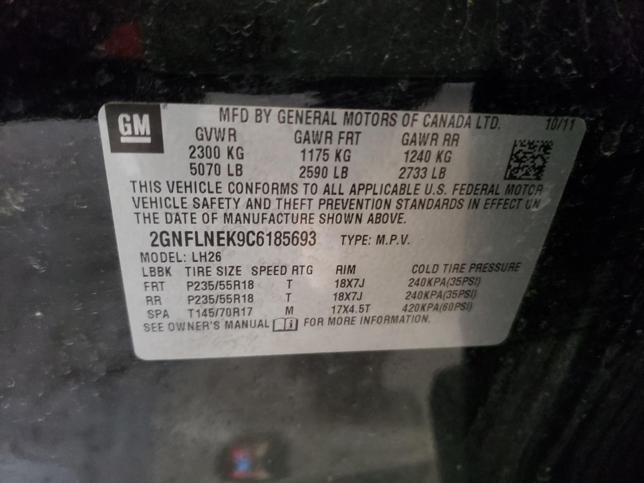 Photo 10 from auction – 2012 CHEVROLET EQUINOX LT with VIN 2GNFLNEK9C6185693