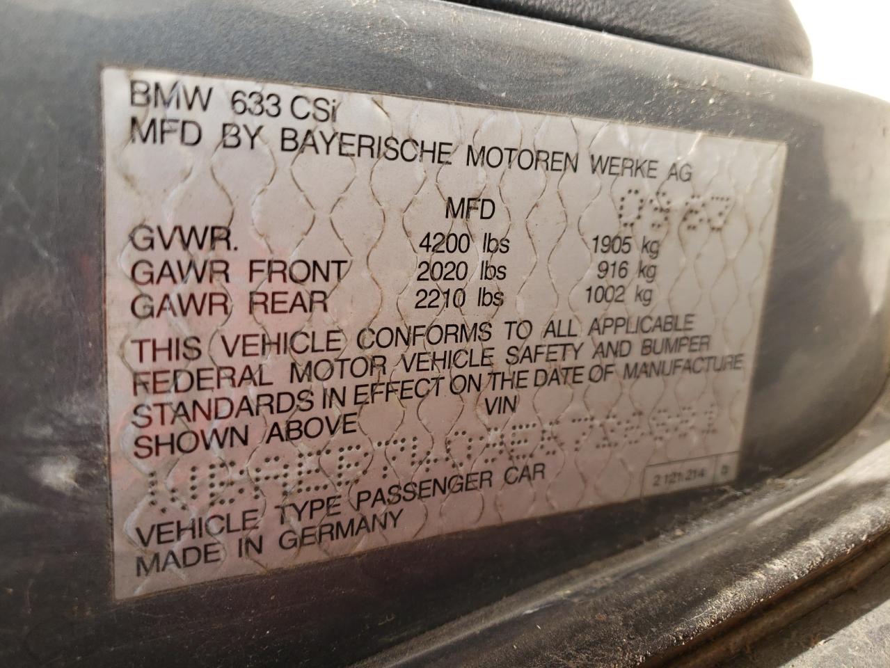 Photo 10 from auction – 1984 BMW 633 CSI with VIN WBAEB7409E6726881