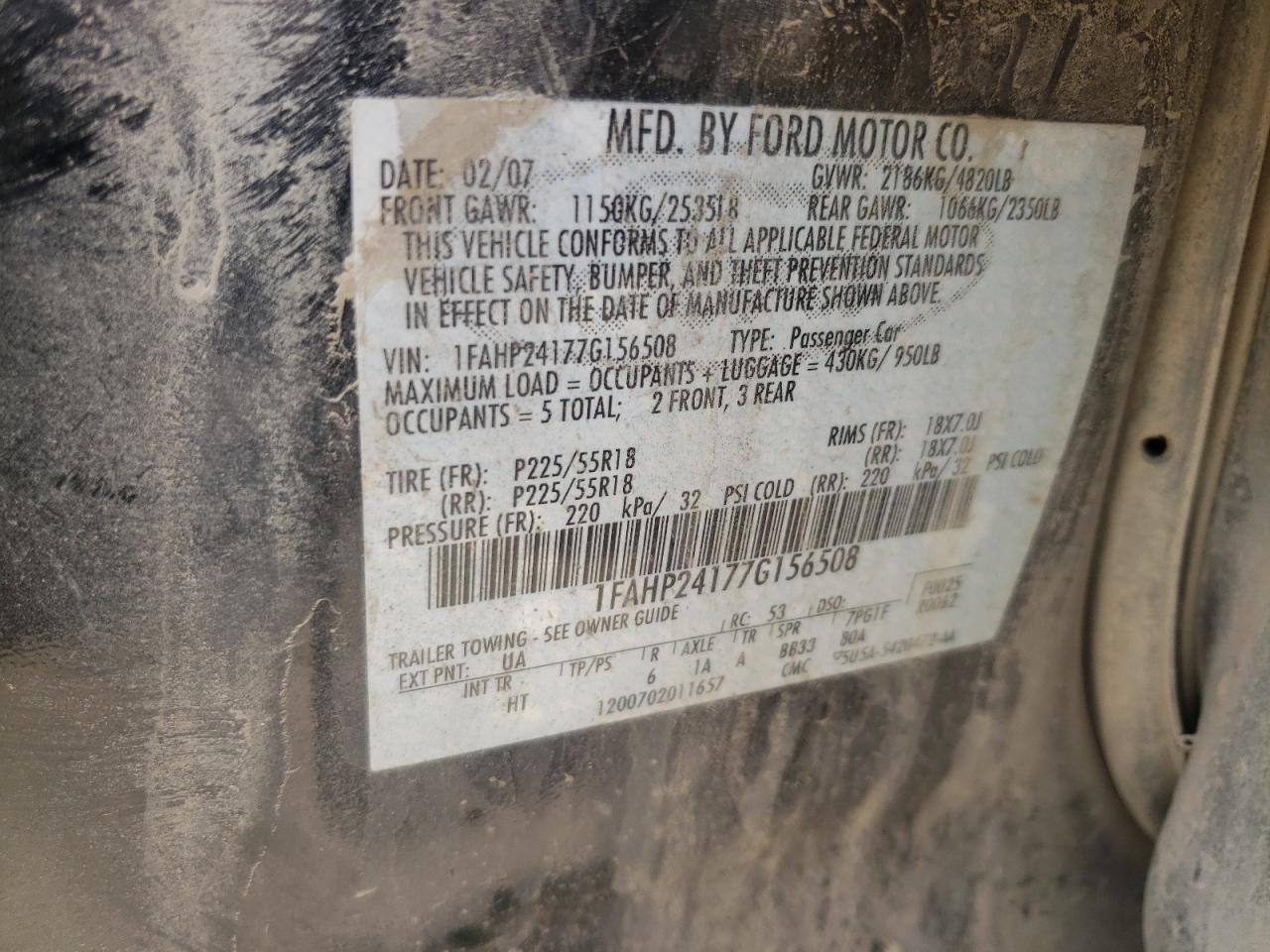 Photo 10 from auction – 2007 FORD FIVE HUNDR with VIN 1FAHP24177G156508
