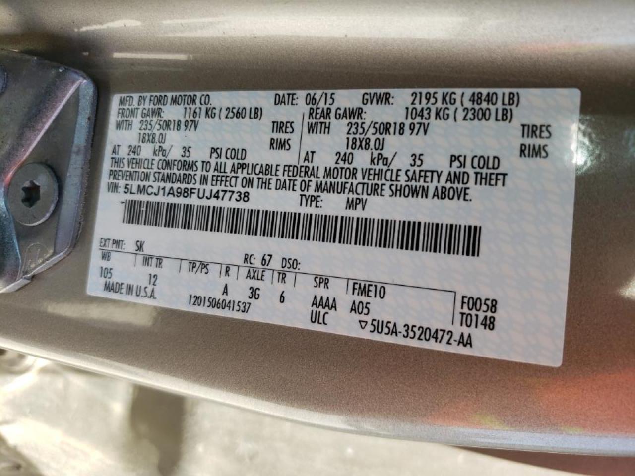 Photo 10 from auction – 2015 LINCOLN MKC with VIN 5LMCJ1A98FUJ47738