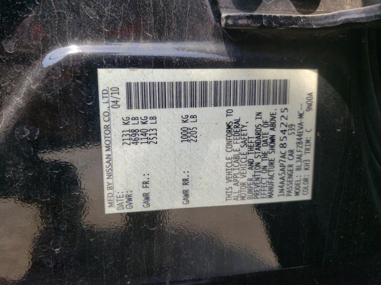 Photo 10 from auction – 2010 NISSAN MAXIMA S with VIN 1N4AA5AP7AC854225