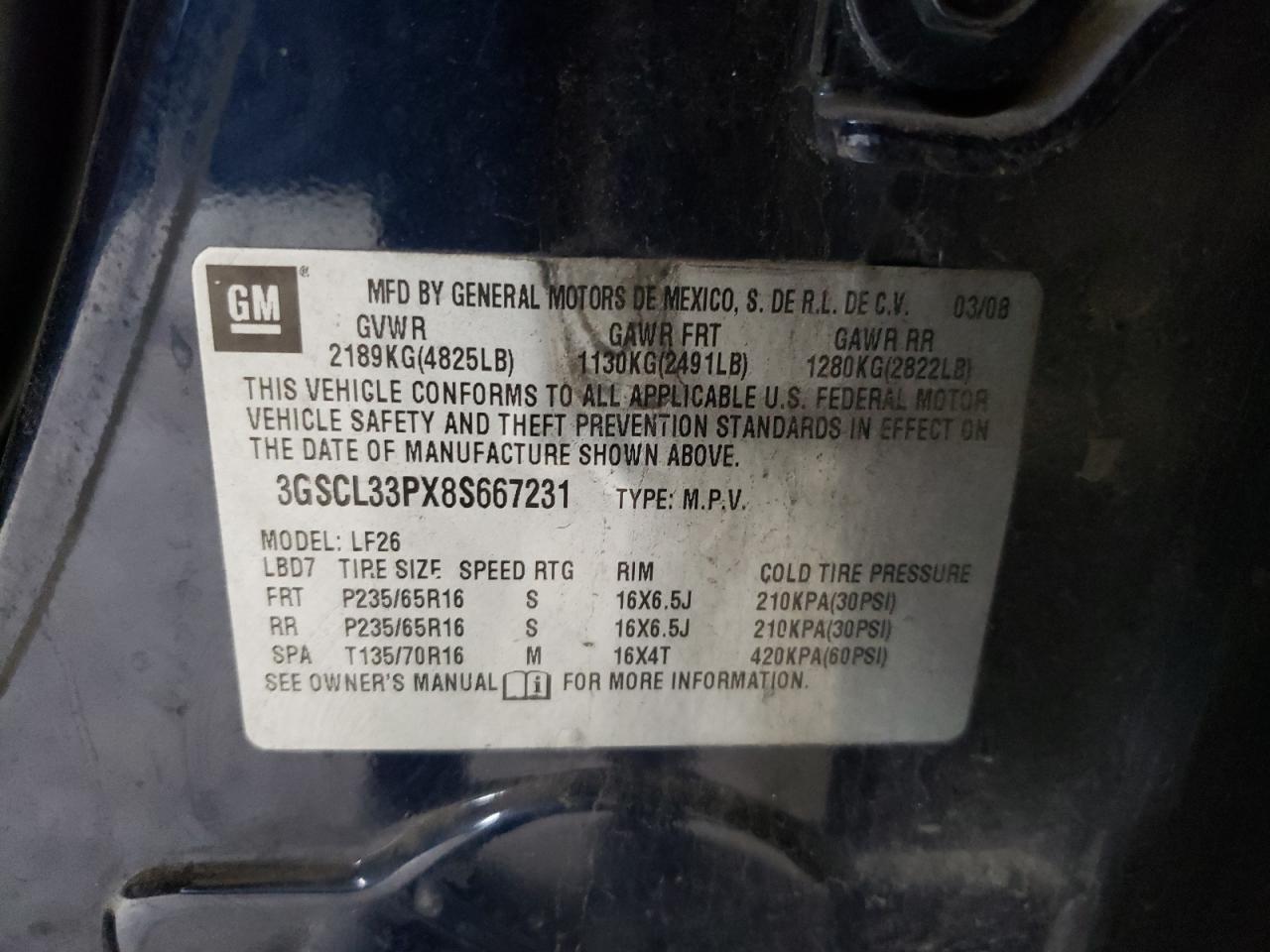 Photo 10 from auction – 2008 SATURN VUE XE with VIN 3GSCL33PX8S667231