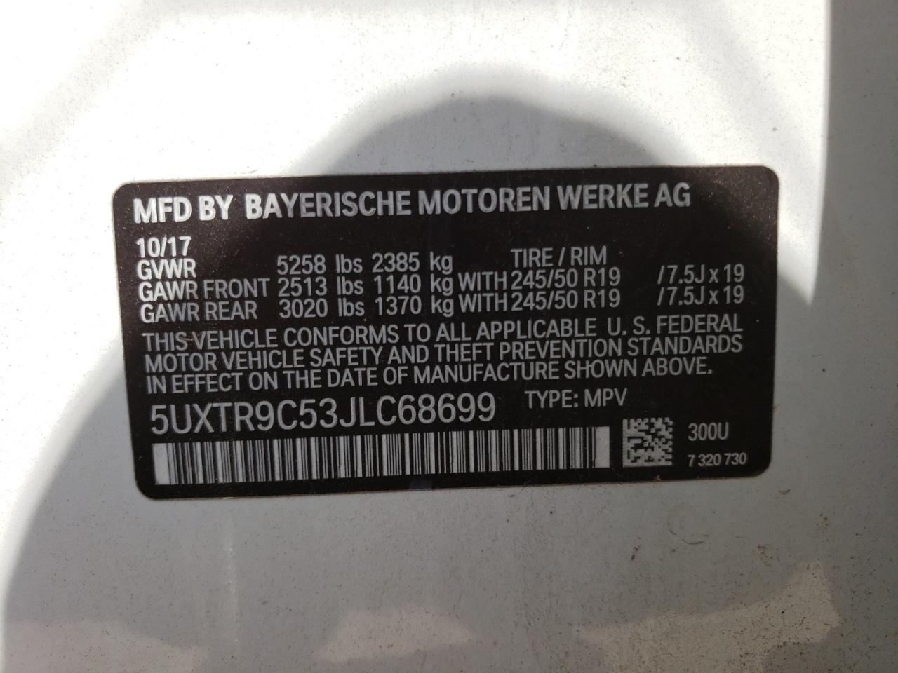 Photo 10 from auction – 2018 BMW X3 XDRIVE3 with VIN 5UXTR9C53JLC68699