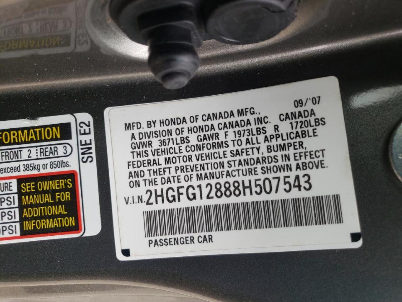 Photo 20 from auction – 2008 HONDA CIVIC EX with VIN 2HGFG12888H507543