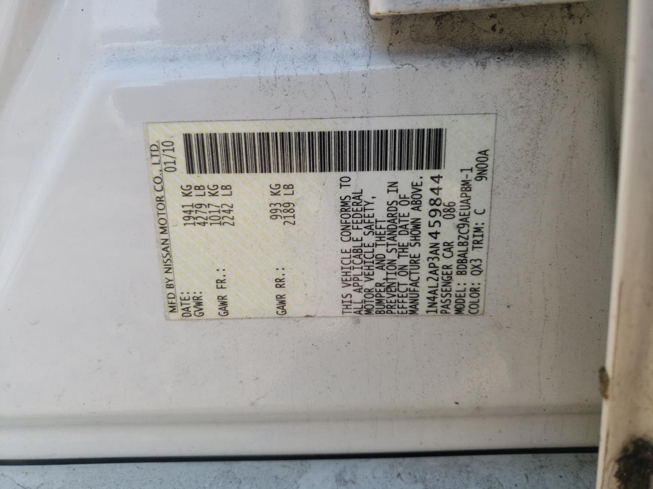 Photo 10 from auction – 2010 NISSAN ALTIMA BAS with VIN 1N4AL2AP3AN459844