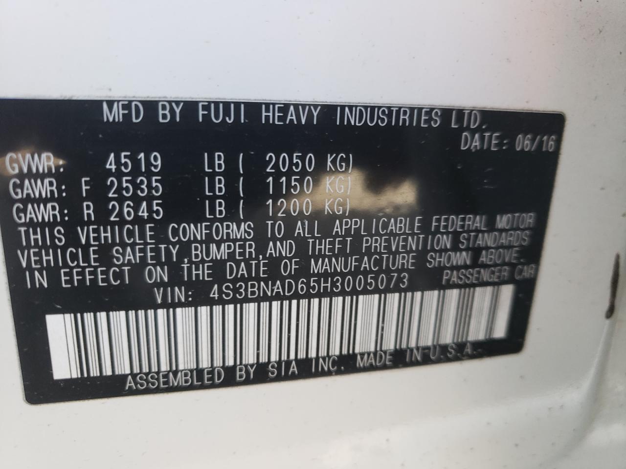 Photo 10 from auction – 2017 SUBARU LEGACY 2.5 with VIN 4S3BNAD65H3005073