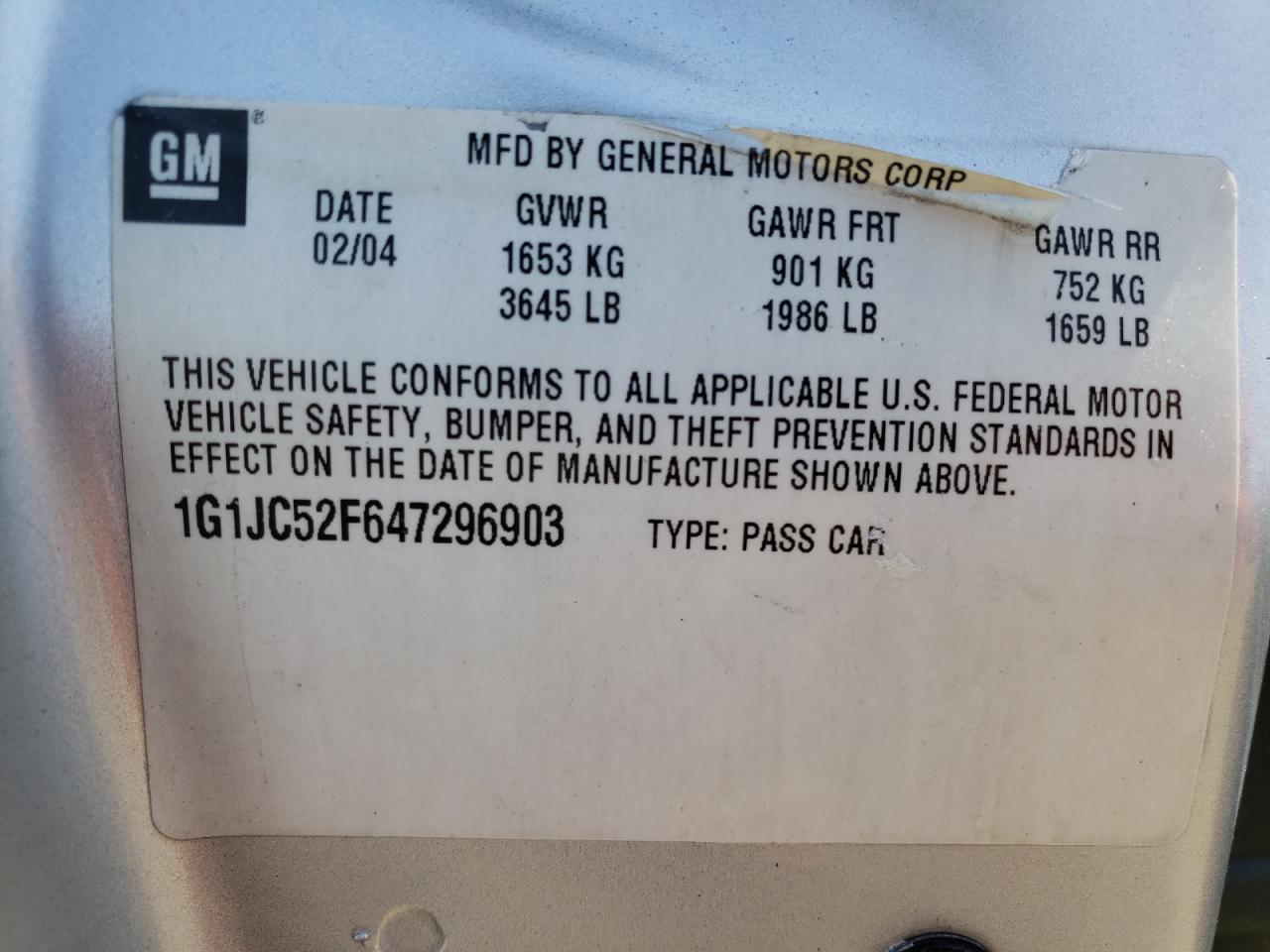 Photo 10 from auction – 2004 CHEVROLET CAVALIER with VIN 1G1JC52F647296903