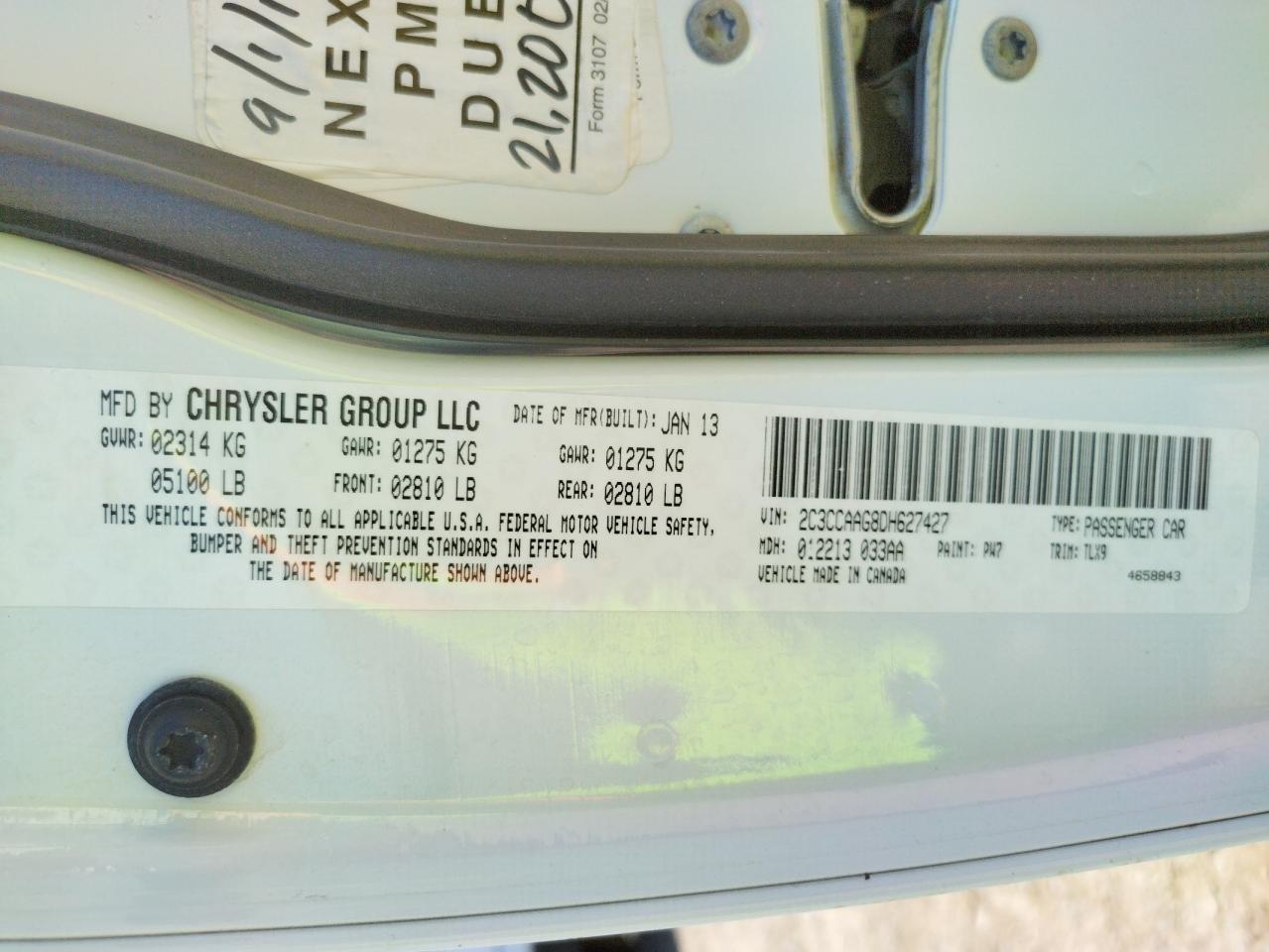 Photo 10 from auction – 2013 CHRYSLER 300 with VIN 2C3CCAAG8DH627427
