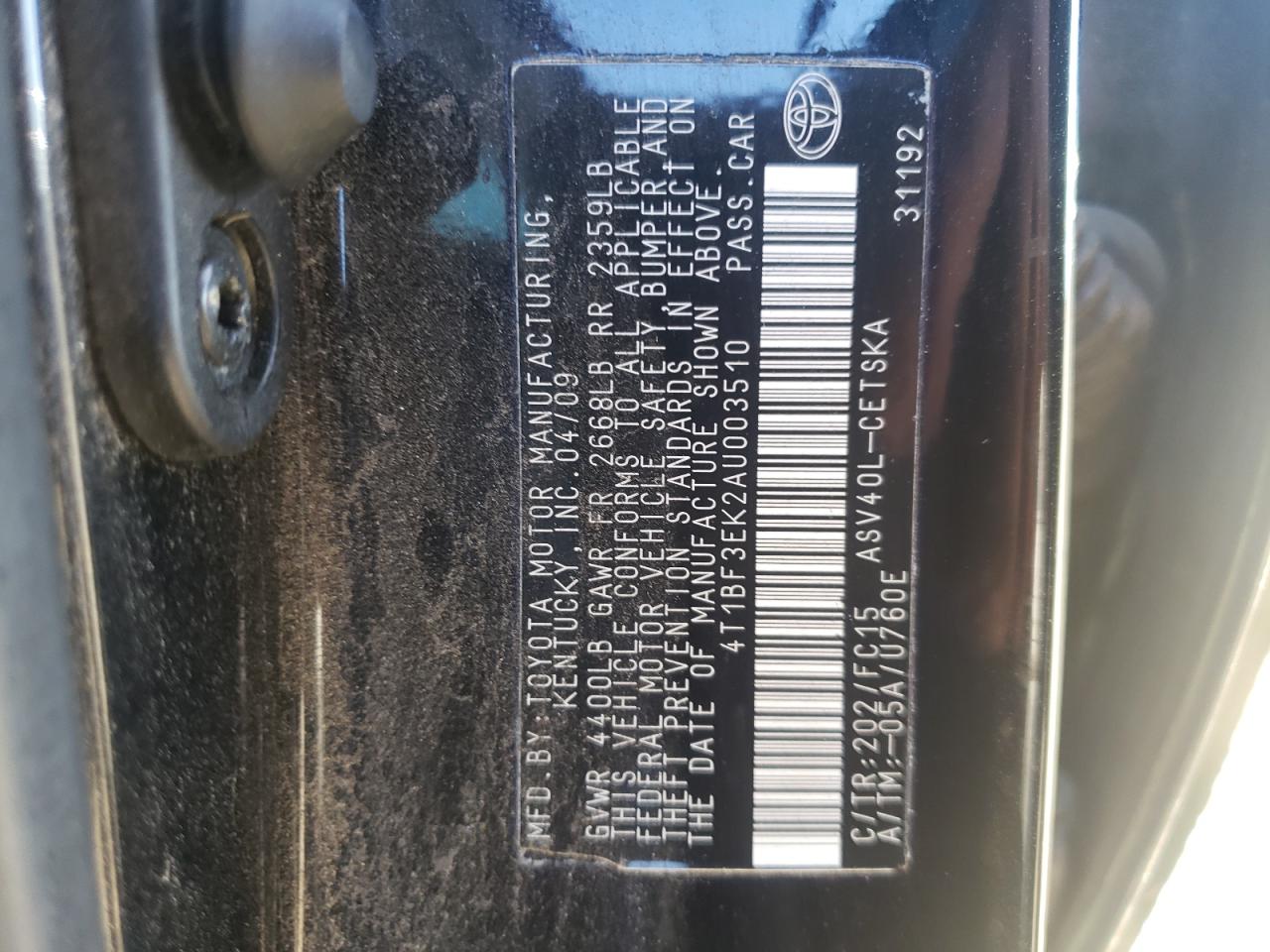 Photo 10 from auction – 2010 TOYOTA CAMRY BASE with VIN 4T1BF3EK2AU003510