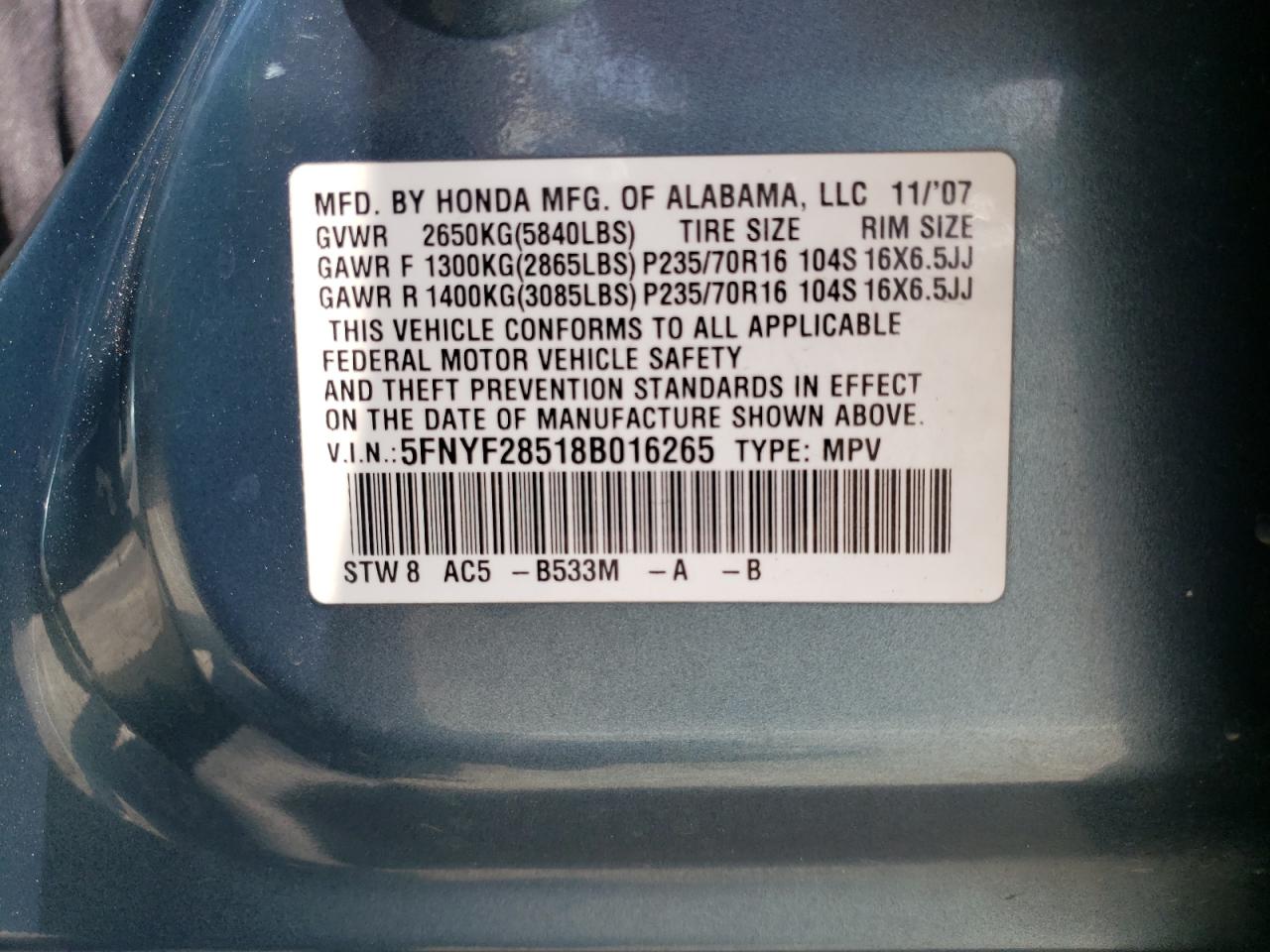 Photo 10 from auction – 2008 HONDA PILOT EXL with VIN 5FNYF28518B016265