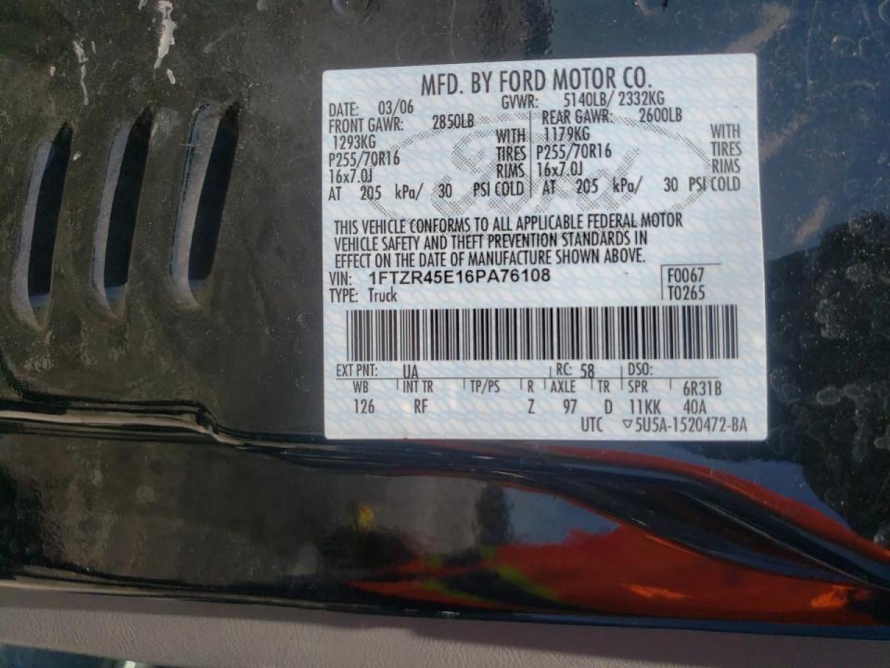 Photo 10 from auction – 2006 FORD RANGER SUP with VIN 1FTZR45E16PA76108