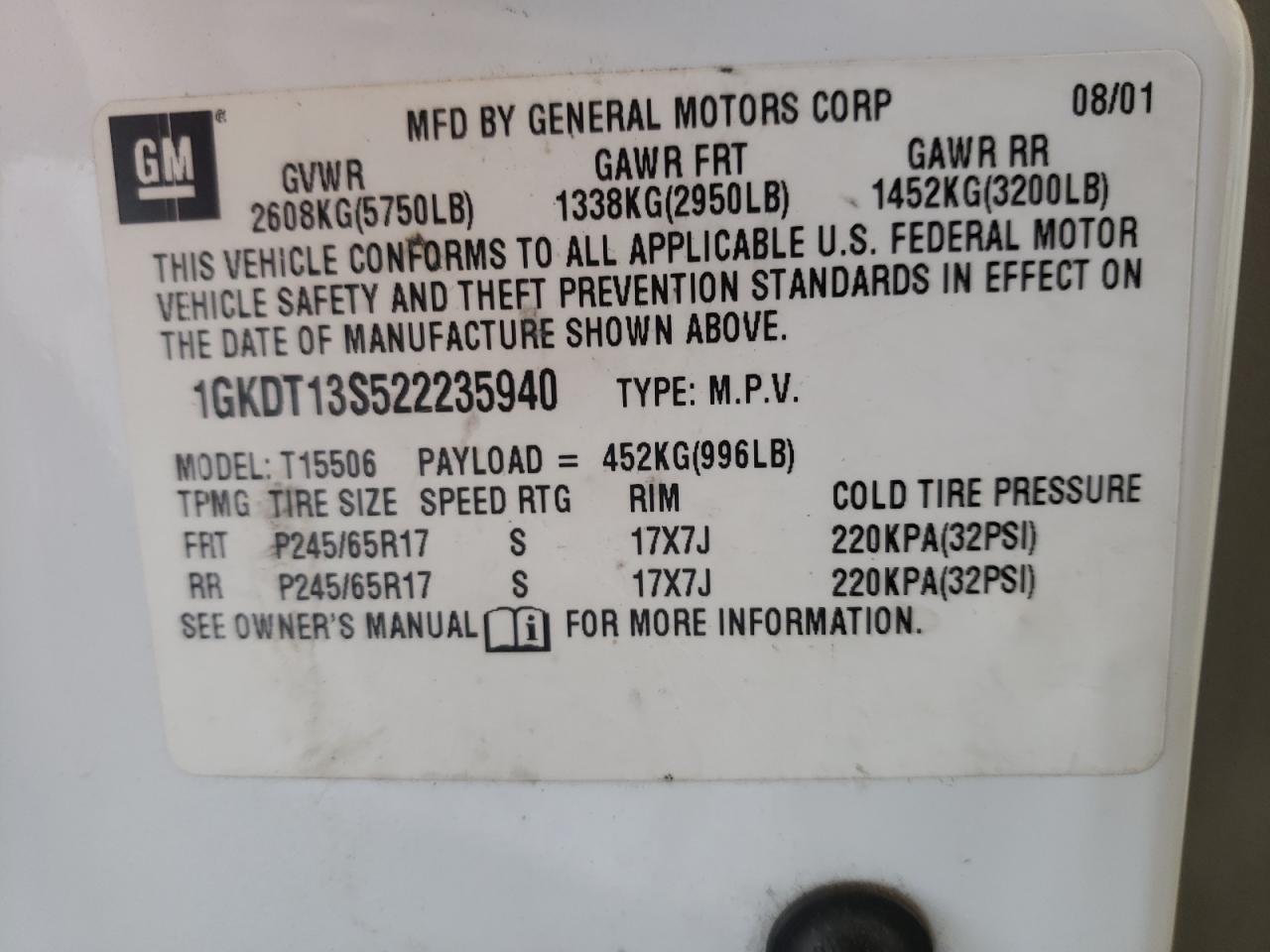 Photo 10 from auction – 2002 GMC ENVOY with VIN 1GKDT13S522235940