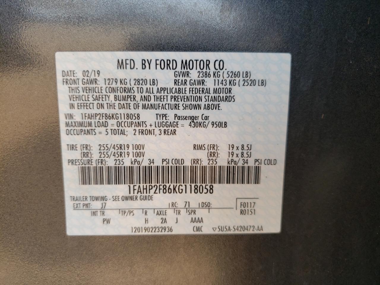 Photo 10 from auction – 2019 FORD TAURUS LIM with VIN 1FAHP2F86KG118058