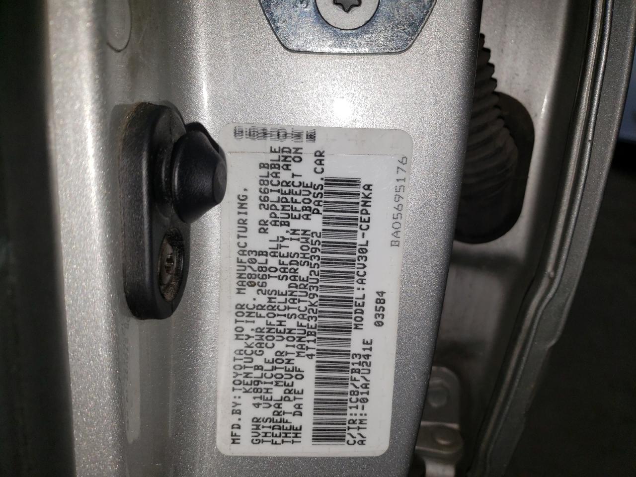 Photo 10 from auction – 2003 TOYOTA CAMRY LE with VIN 4T1BE32K93U253952