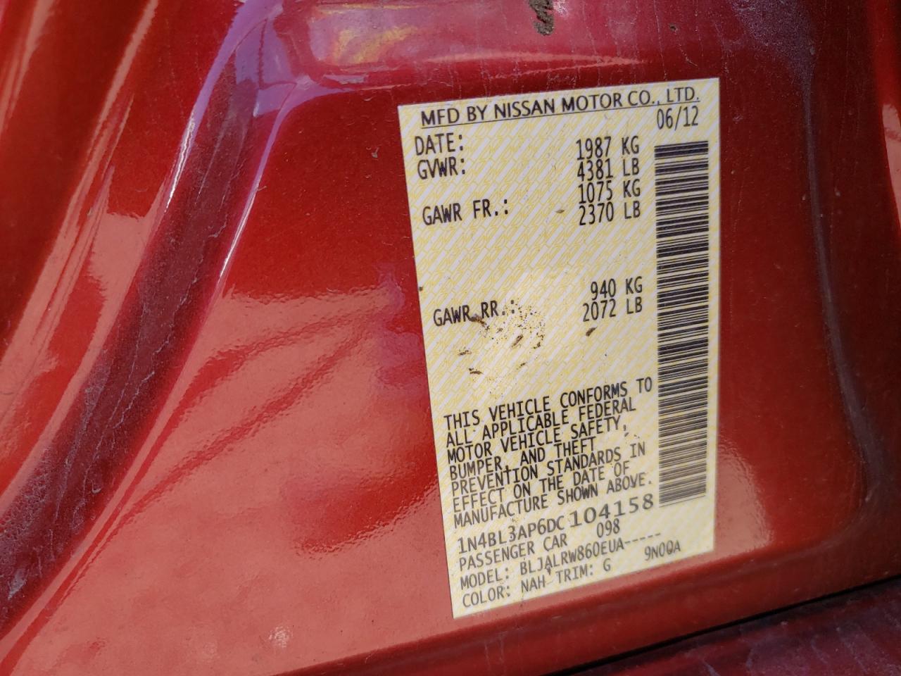 Photo 10 from auction – 2013 NISSAN ALTIMA 3.5 with VIN 1N4BL3AP6DC104158