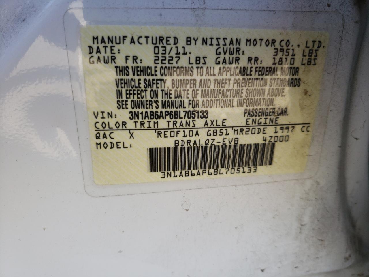 Photo 10 from auction – 2011 NISSAN SENTRA 2.0 with VIN 3N1AB6AP6BL705133