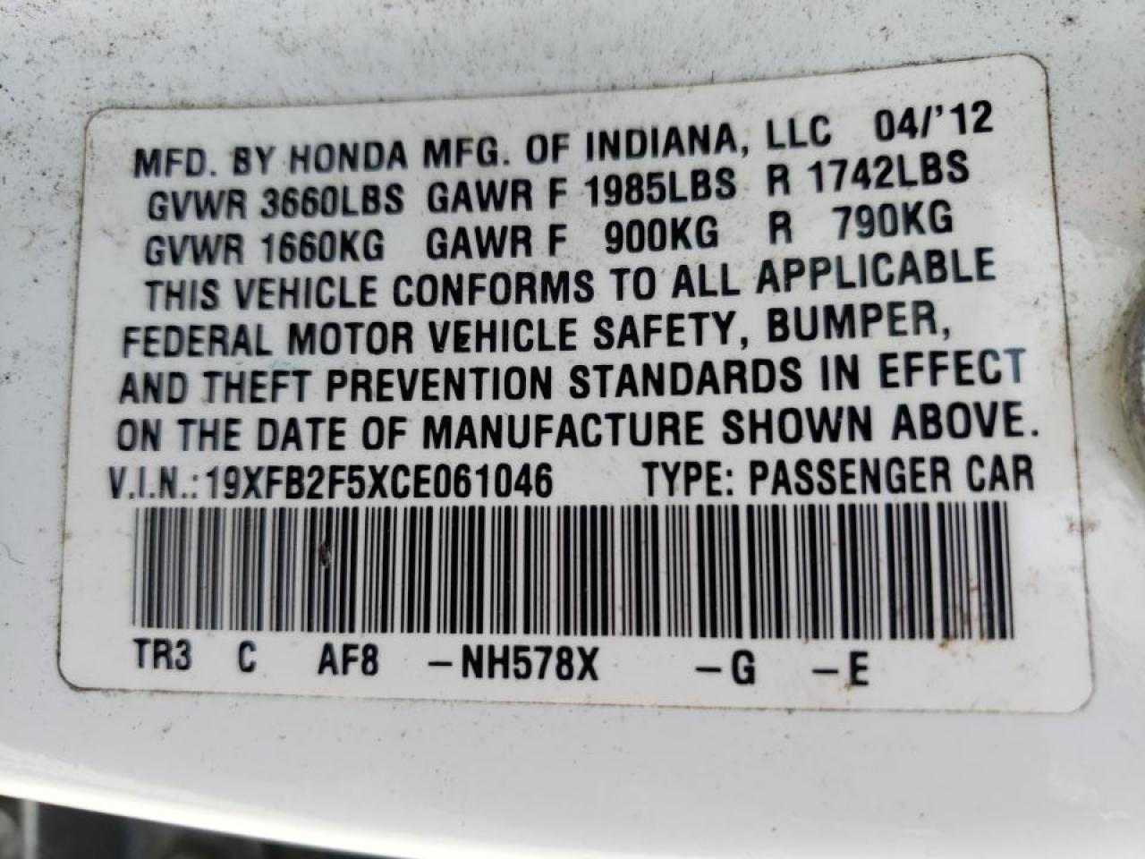 Photo 10 from auction – 2012 HONDA CIVIC with VIN 19XFB2F5XCE061046