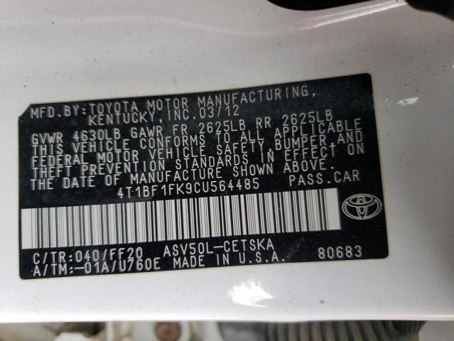 Photo 10 from auction – 2012 TOYOTA CAMRY BASE with VIN 4T1BF1FK9CU564485