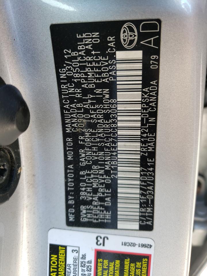 Photo 10 from auction – 2012 TOYOTA COROLLA BA with VIN 2T1BU4EE7CC833068